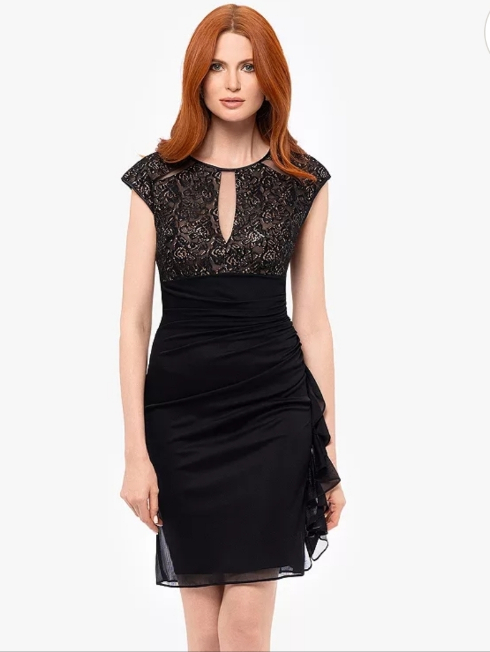 Women's BA Nites Lace Top Sheer Matte Jersey Ruffle Mini Dress 6